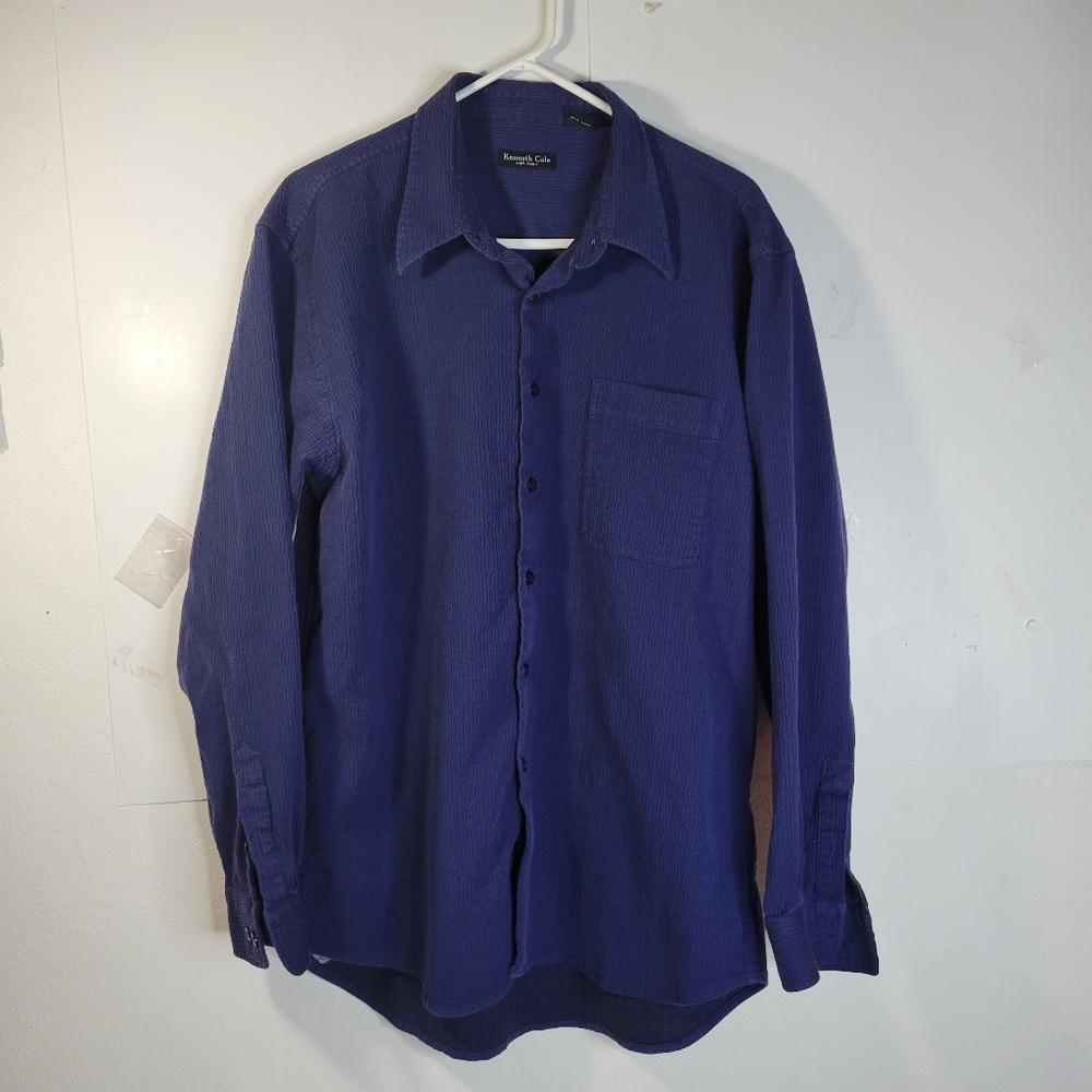 Mens Kenneth Cole 100% Cotton Long Sleeve Navy Shirt Textured Size XL